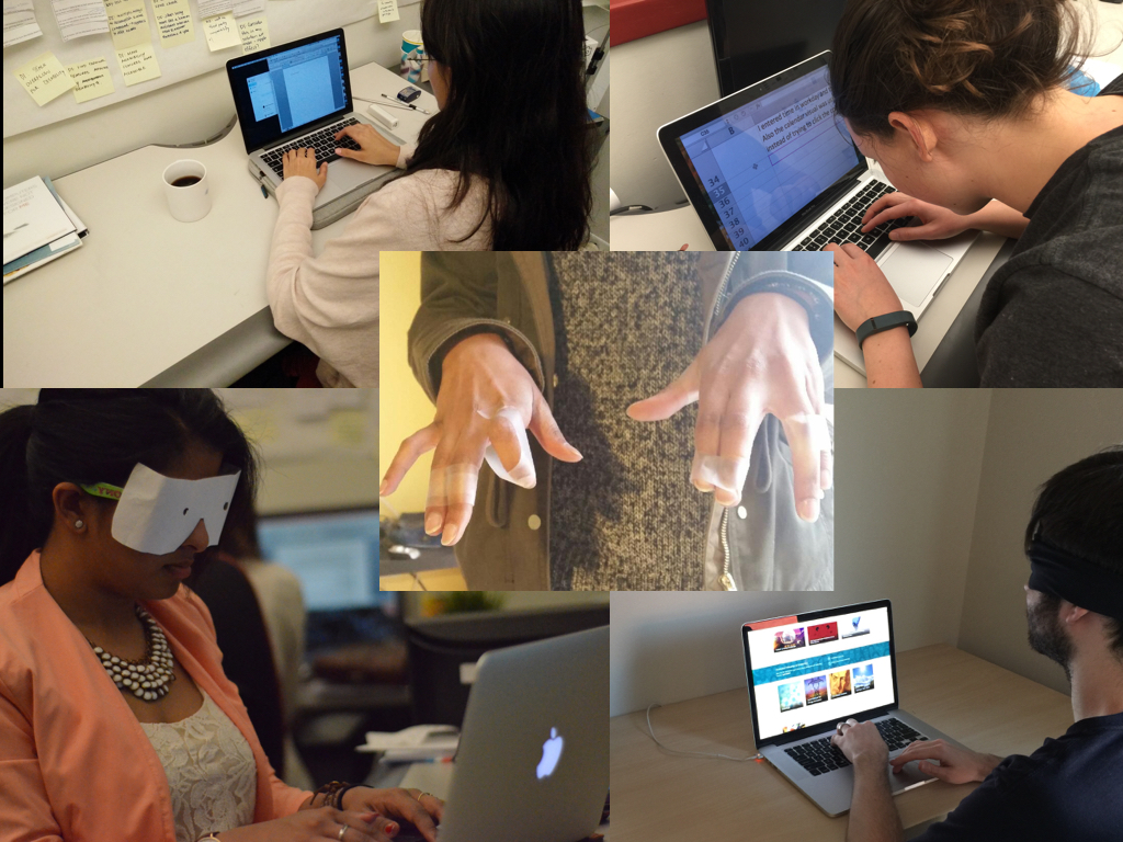 Five images of team conducting empathy exercises. Top left corner, student looking at laptop with no sound. Top right corner, student using laptop with Zoomtext. Bottom left corner, student using laptop with tunnel vision glasses. Bottom right corner, student using laptop with VoiceOver. Middle image, student with taped fingers to simulate arthritis.